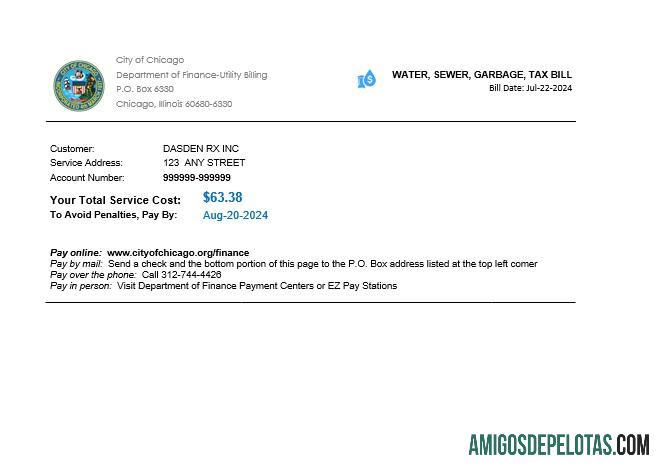 em branco EUA Illinois Chicago Água, Esgoto, Lixo, Imposto Business Utility Bill Modelo Word e PDF